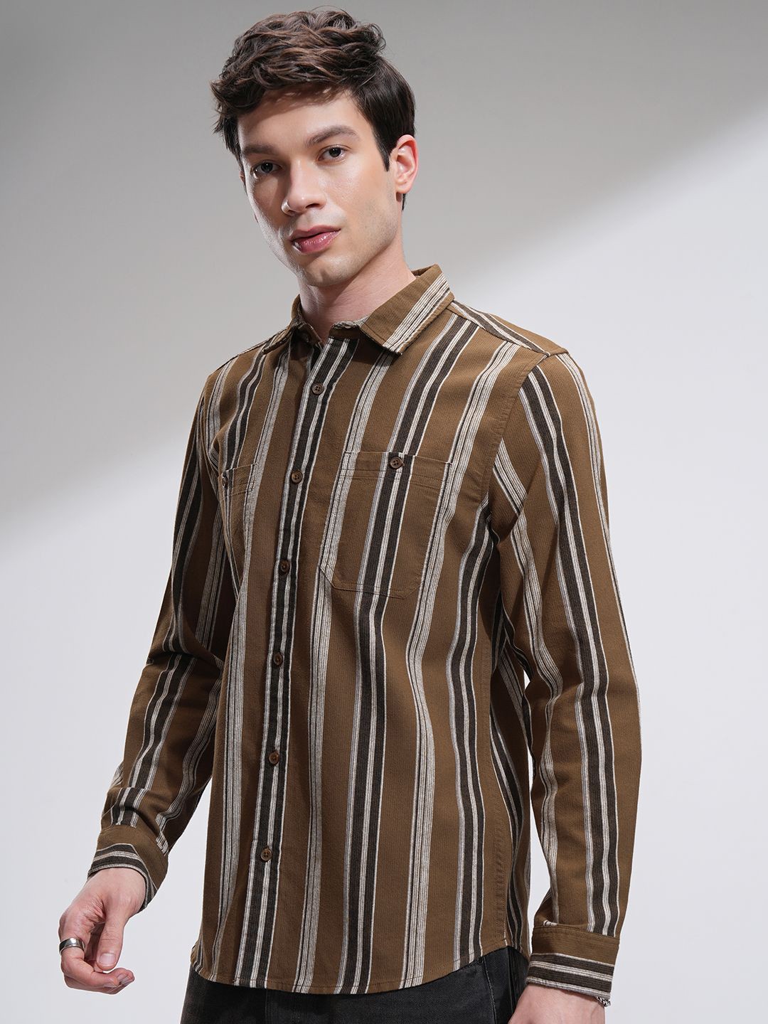 

HIGHLANDER Men Flannel Textured Striped Casual Shirt, Olive