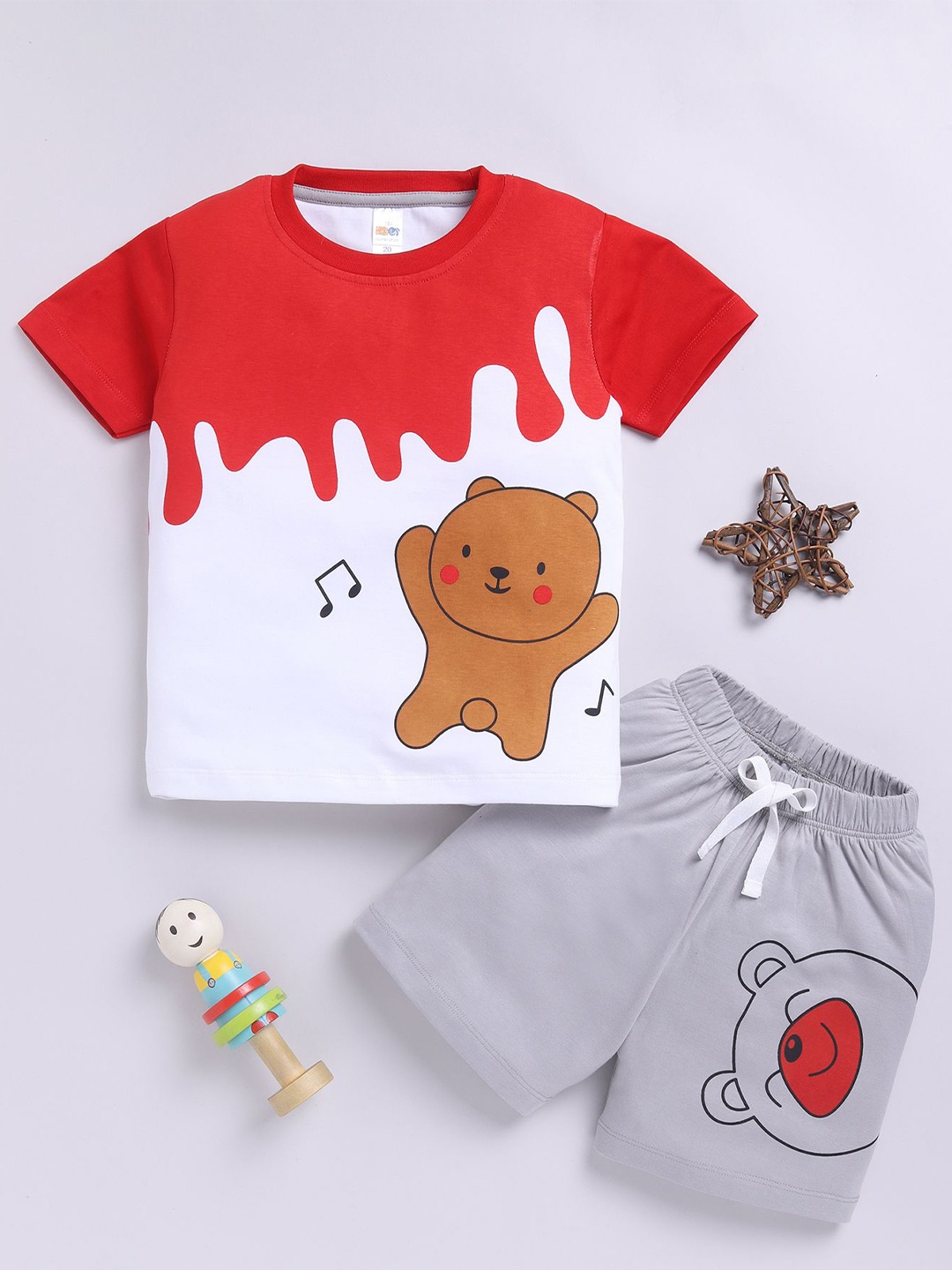 

LITTLE NINJA Boys Printed Round Neck Pure Cotton T-Shirt With Shorts, Red