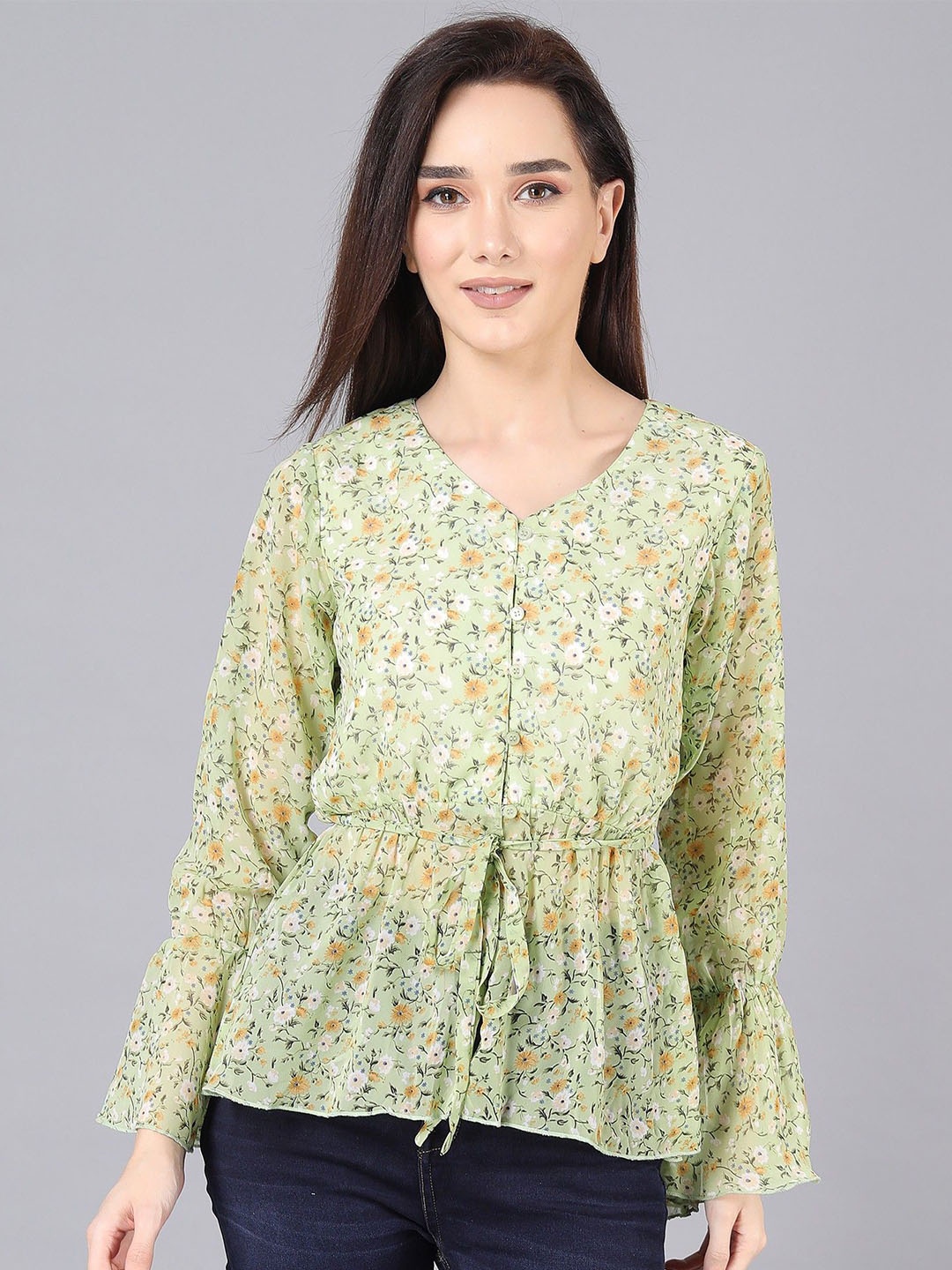 

JAKANARY Women Floral Printed V-Neck Top, Green