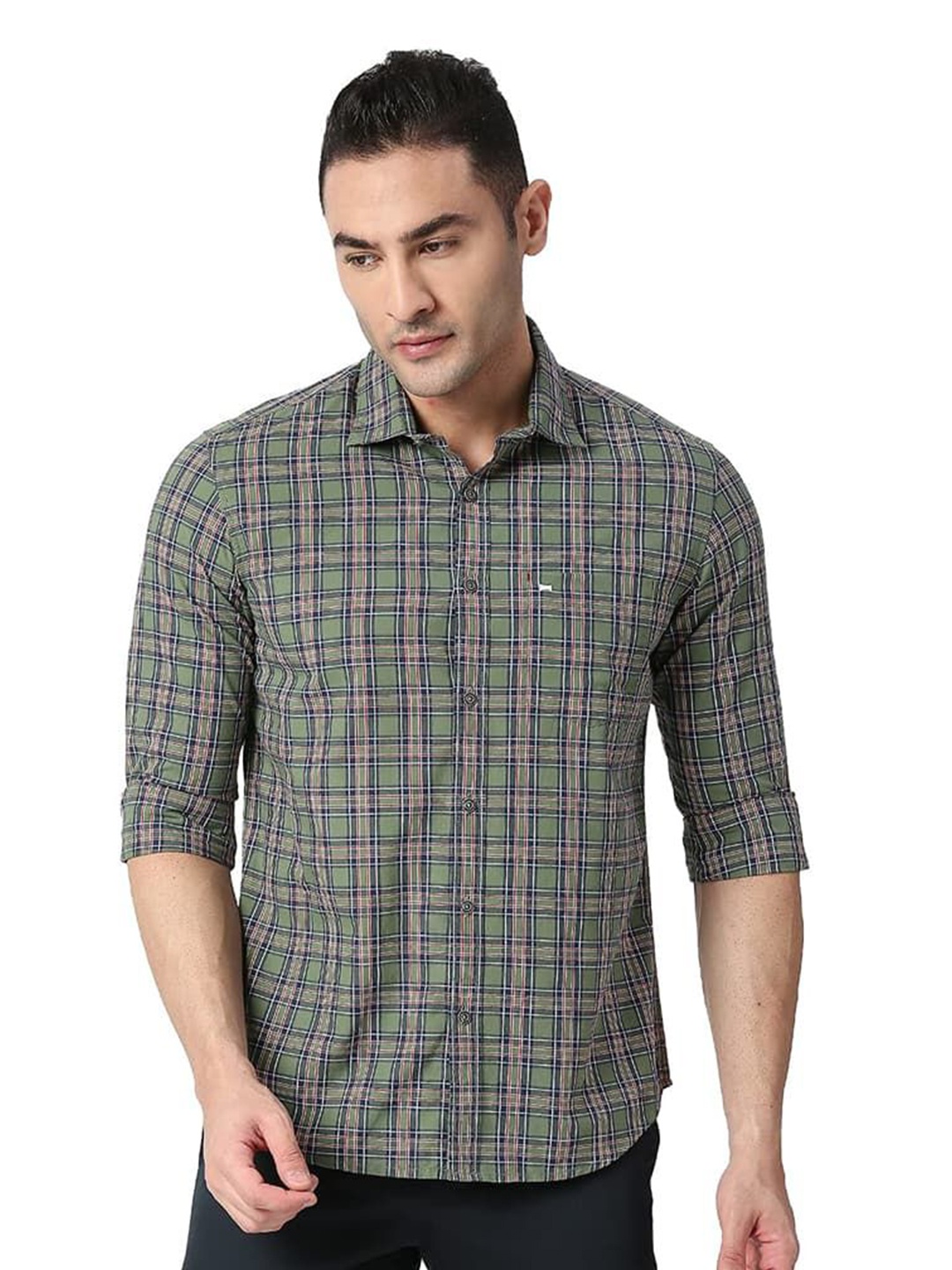 

Basics Men Relaxed Fit Spread Collar Checked Cotton Casual Shirt, Green