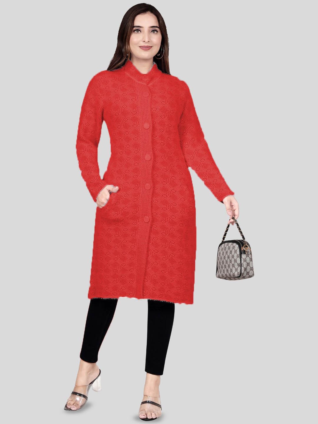 

Wool's Kart Self Design Knee Length Wool Coat, Red