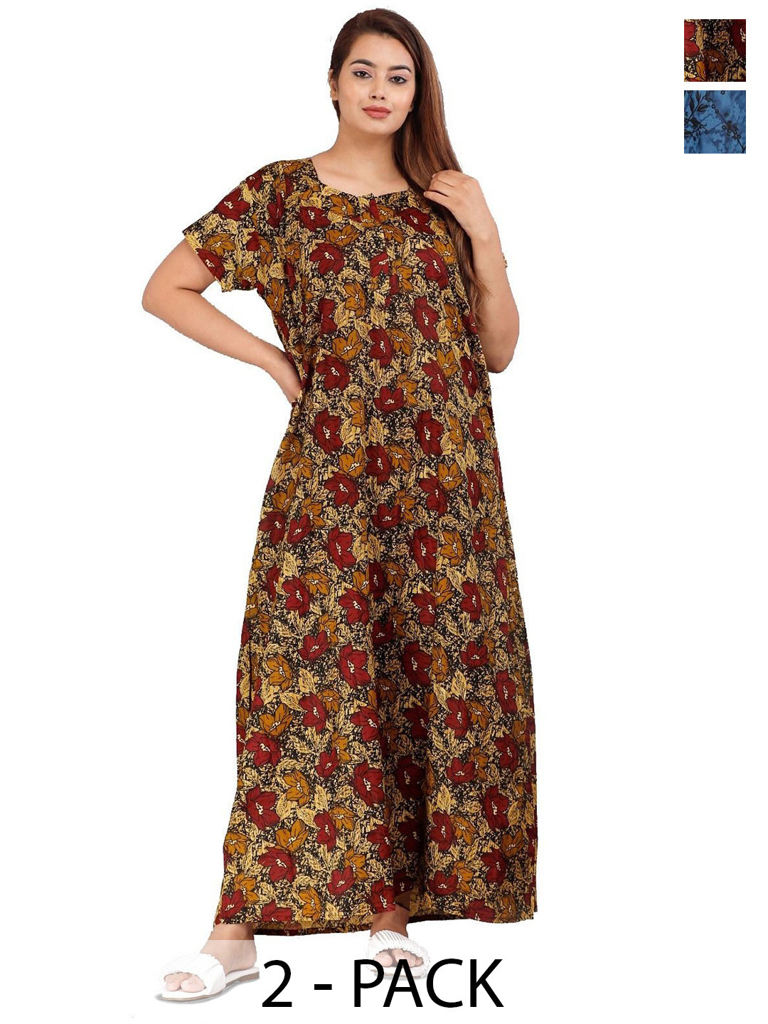 

PR PINK ROYAL Women Pack of 2 Floral Printed Pure Cotton Maxi Nightdress, Brown