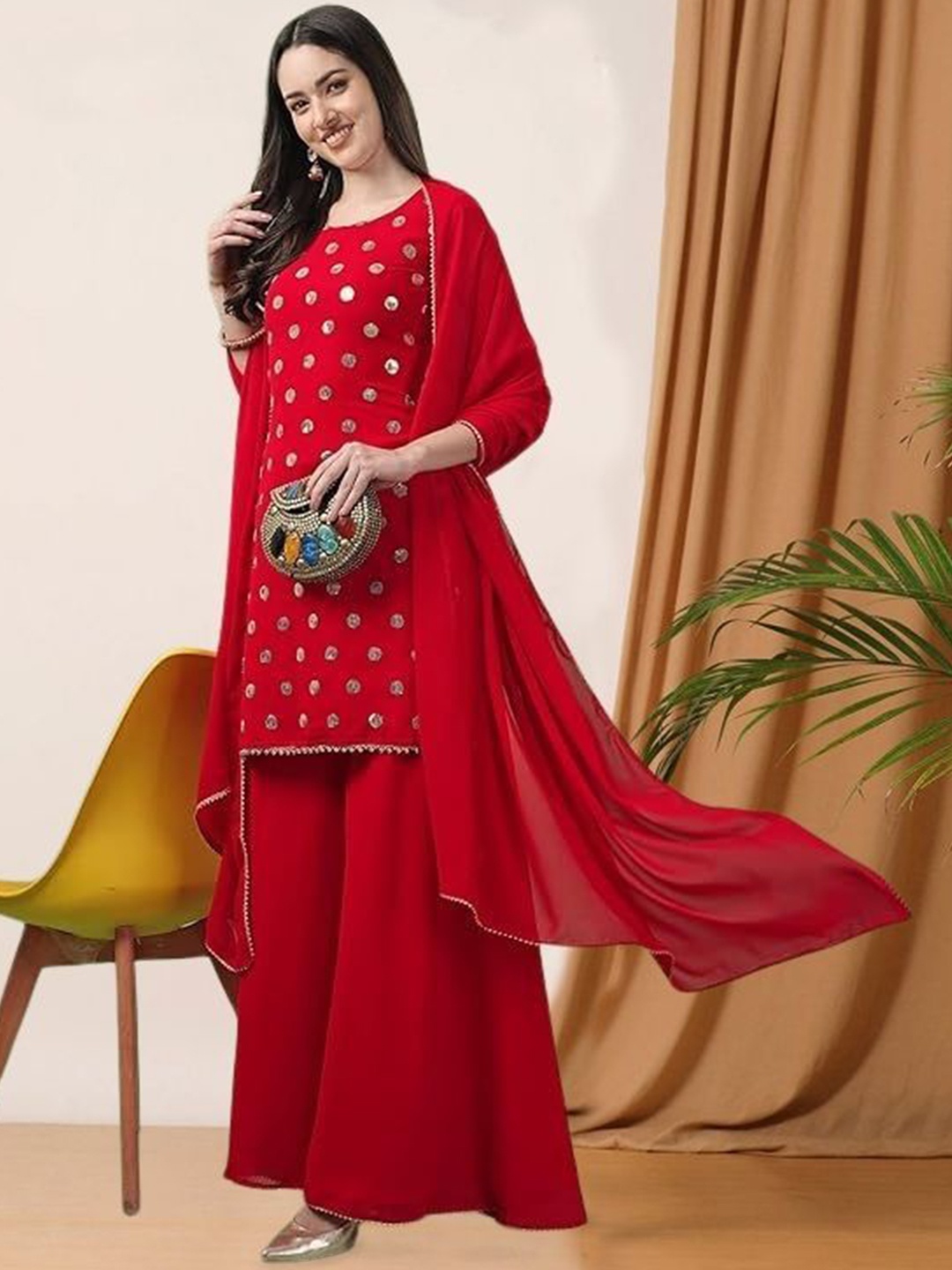 

PARROT CREATION Geometric Embroidered Sequinned Georgette Kurti with Sharara And Dupatta, Red