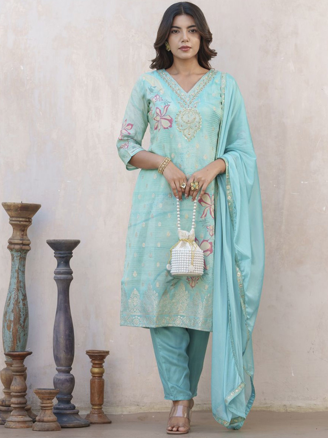 

Sangria Blue Ethnic Motifs Embroidered V-Neck Beads & Stones Kurta With Trousers & Dupatta