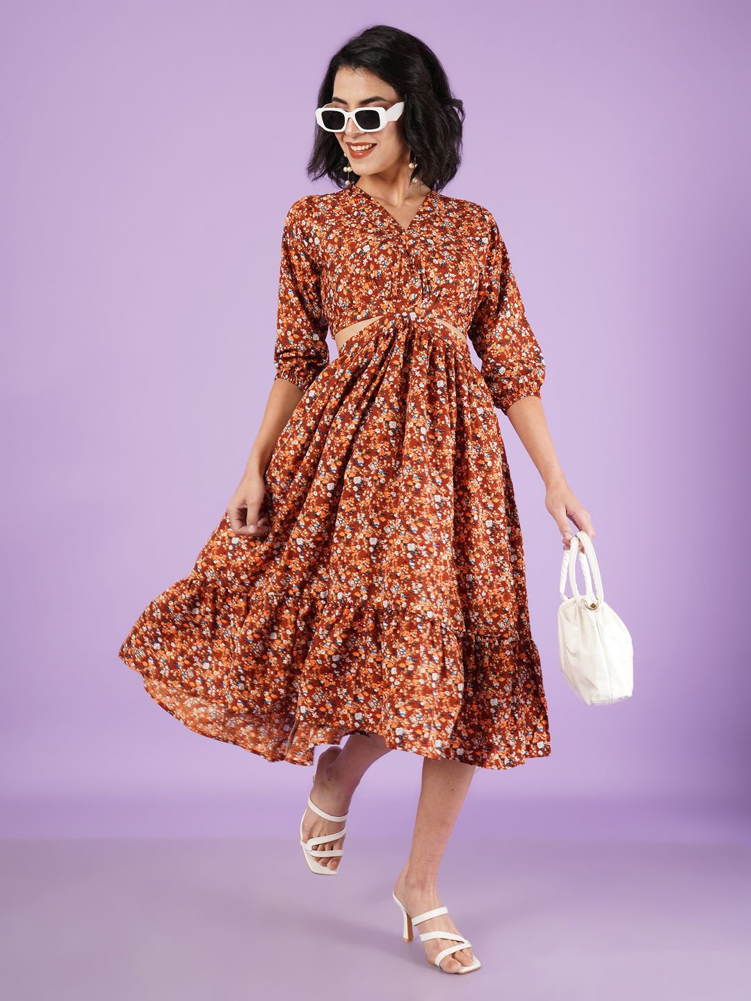 

ZWERLON Women Floral Fit & Flare Midi Dress, Brown