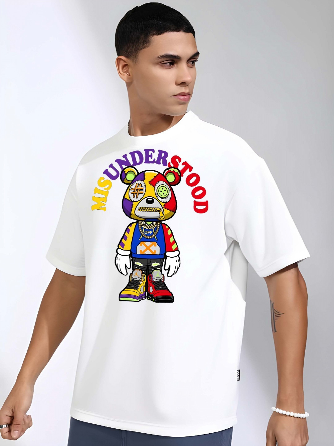 

SZN Men Graphic Printed Round Neck Cotton Oversized T-shirt, White