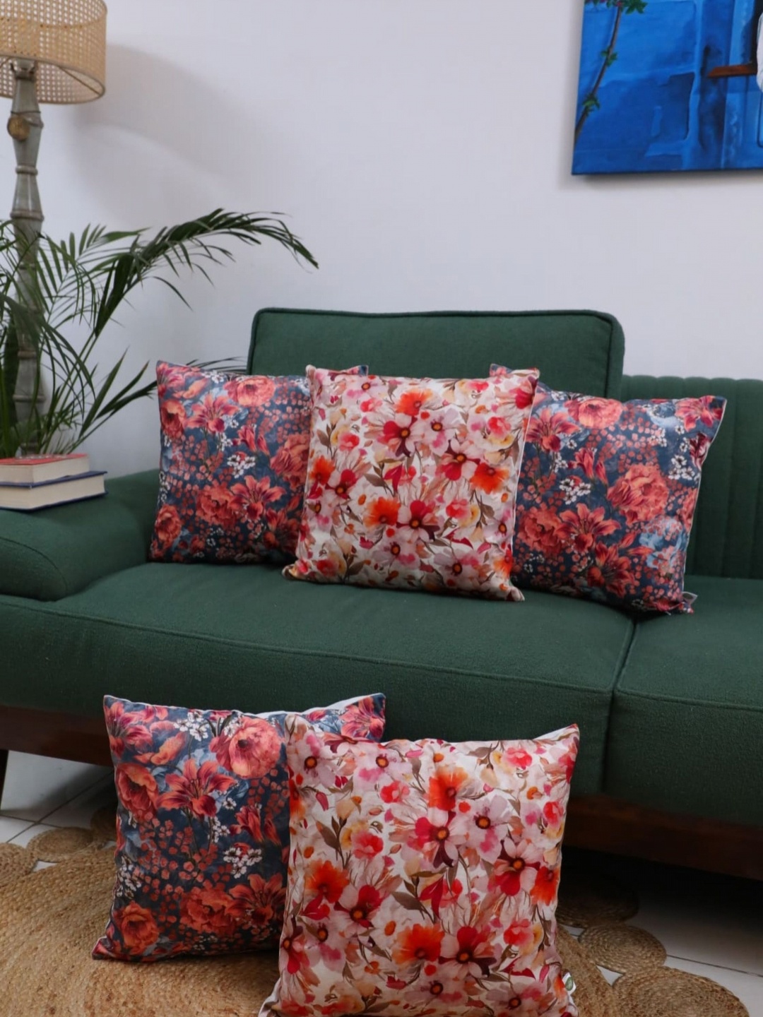 

LUSHLYF Red & Blue 5 Pieces Floral Printed Velvet Square Cushion Covers