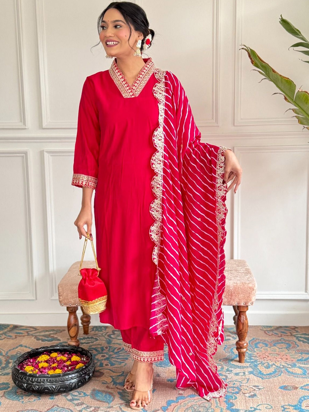 

ZIBLON Ethnic Motifs Yoke Design Zari V-Neck Straight Kurta With Trousers & Dupatta, Red