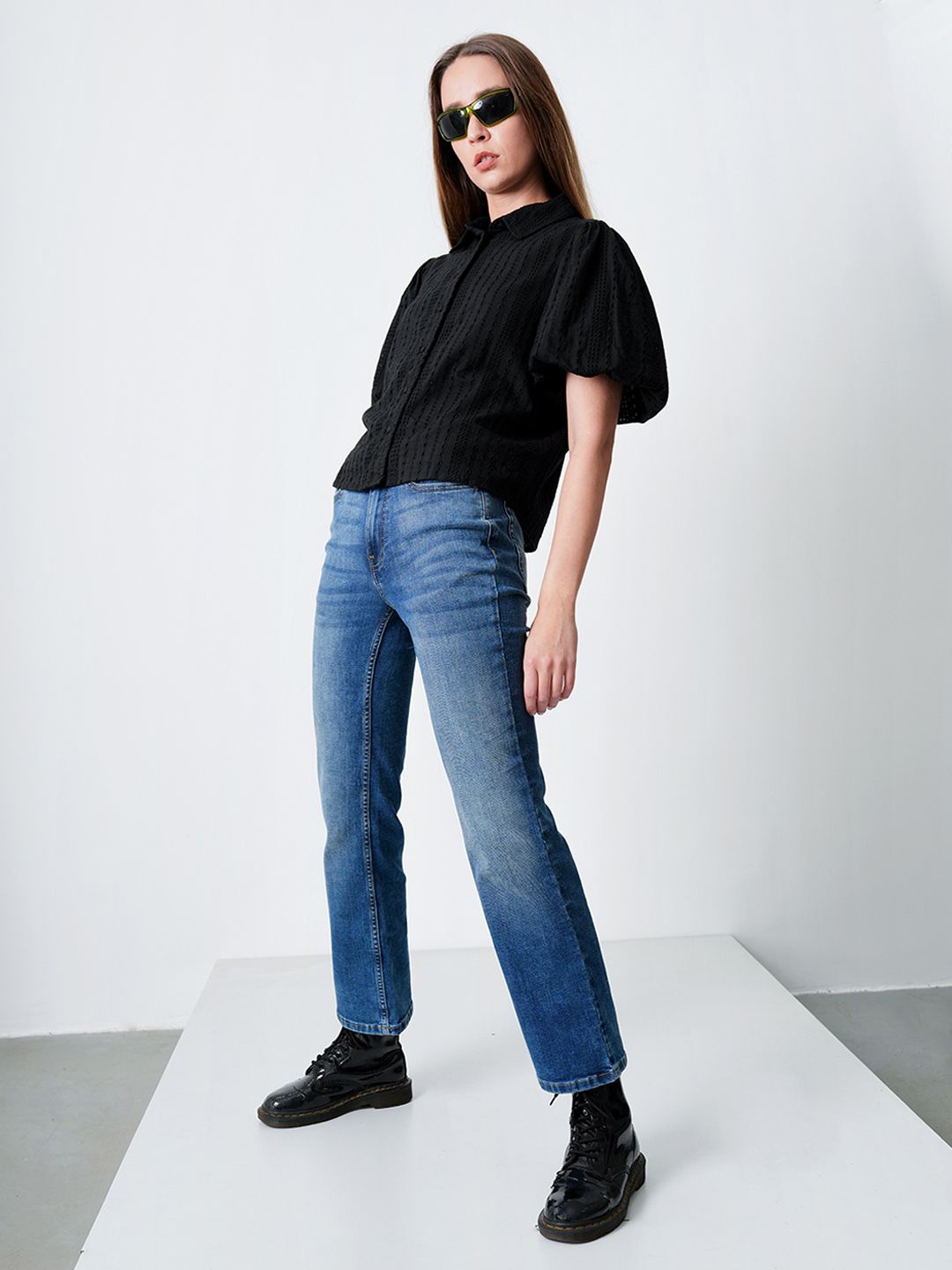 

ONLY Women Spread Collar Vertical Striped Casual Shirt, Black