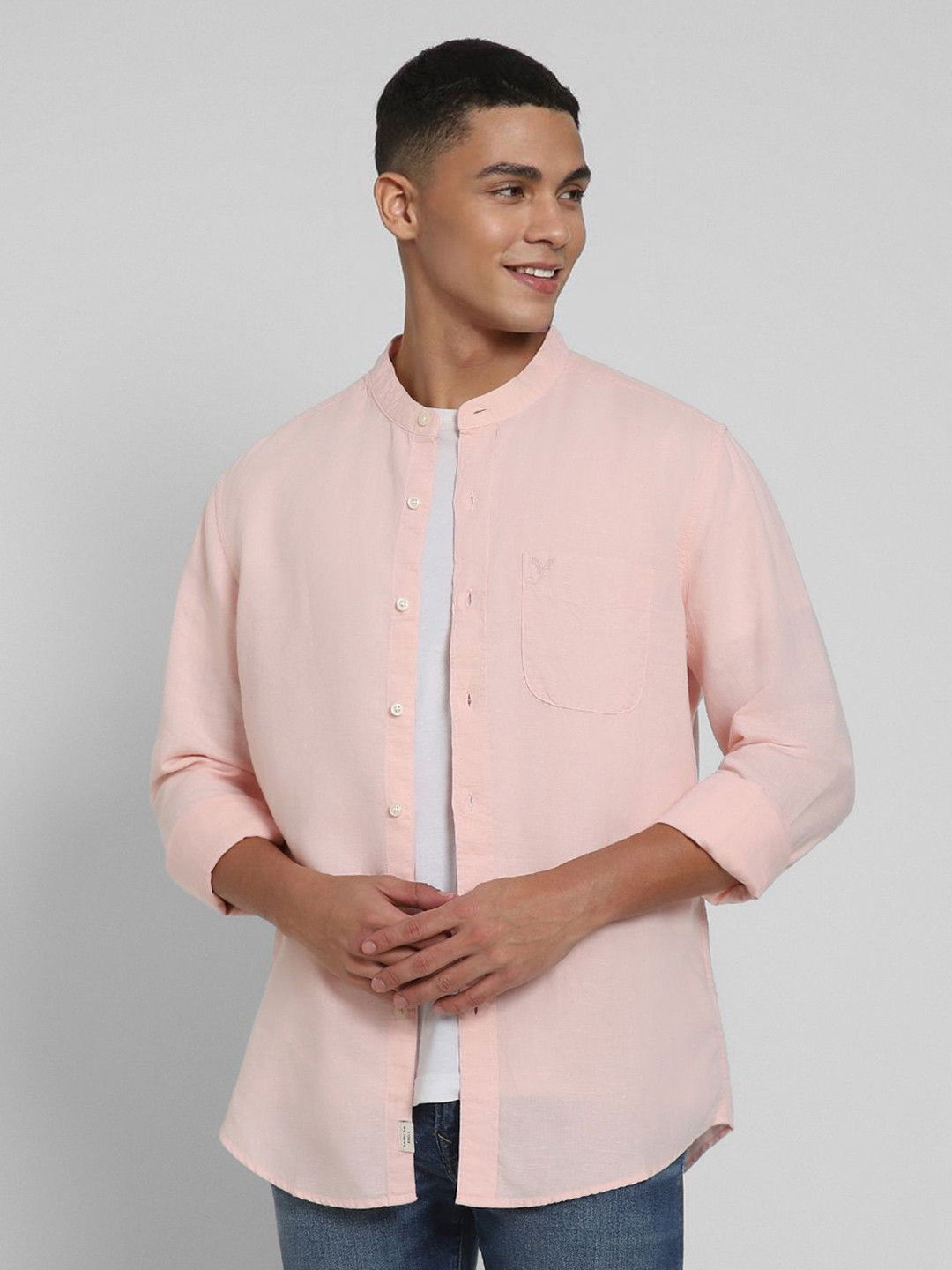 

AMERICAN EAGLE OUTFITTERS Men Band Collar Solid Casual Shirt, Pink