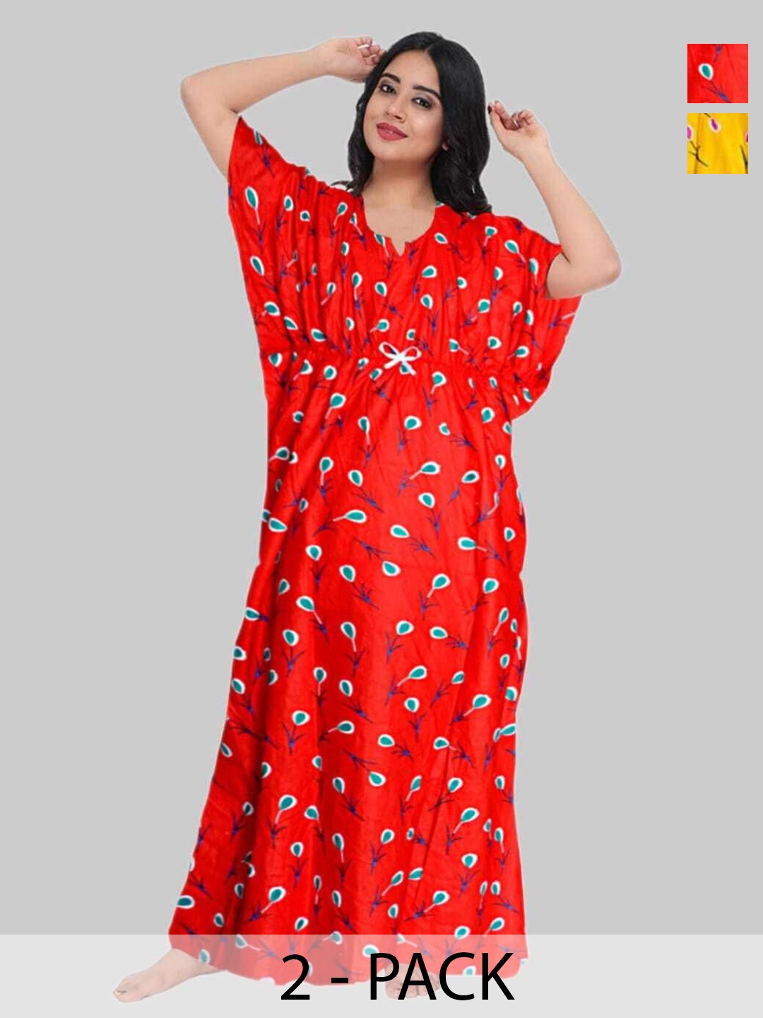 

PR PINK ROYAL Women Pack of 2 Printed Kaftan Nightdress, Red