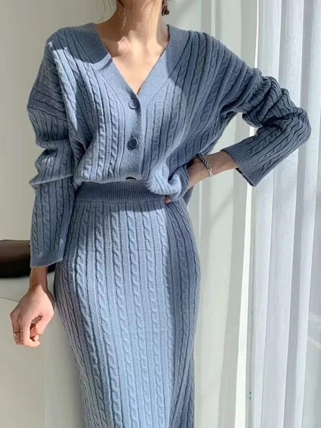 

Alamode By Akanksha Striped Pure Wool Sussane Winter Sweater & Skirt, Blue