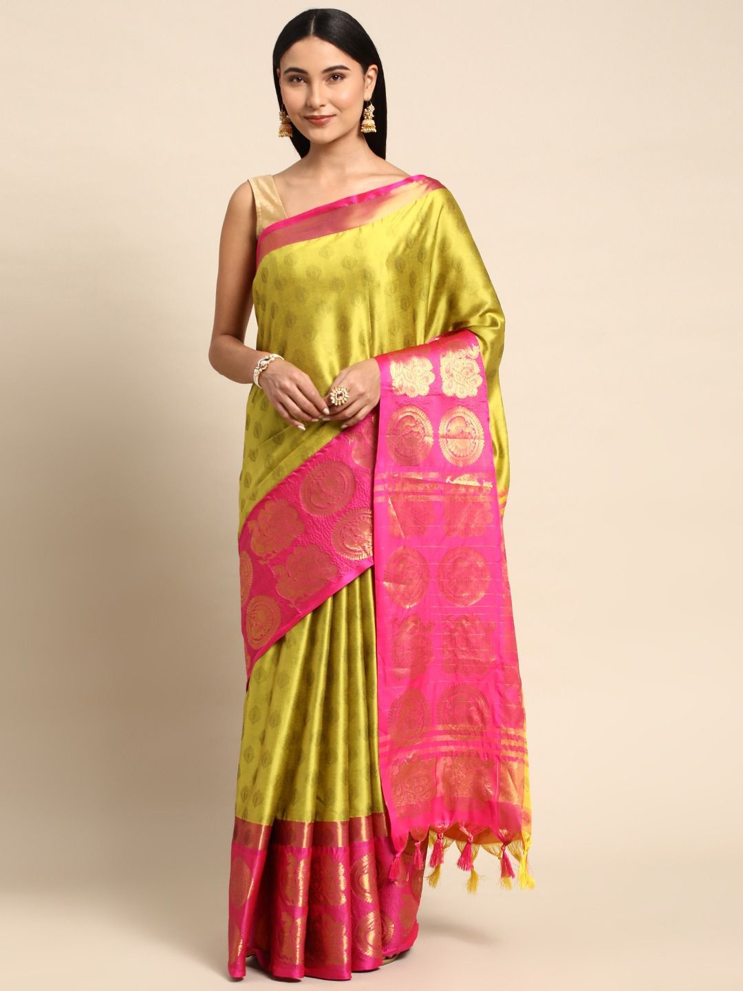 

DIVASTRI Woven Design Zari Silk Cotton Banarasi Saree, Olive