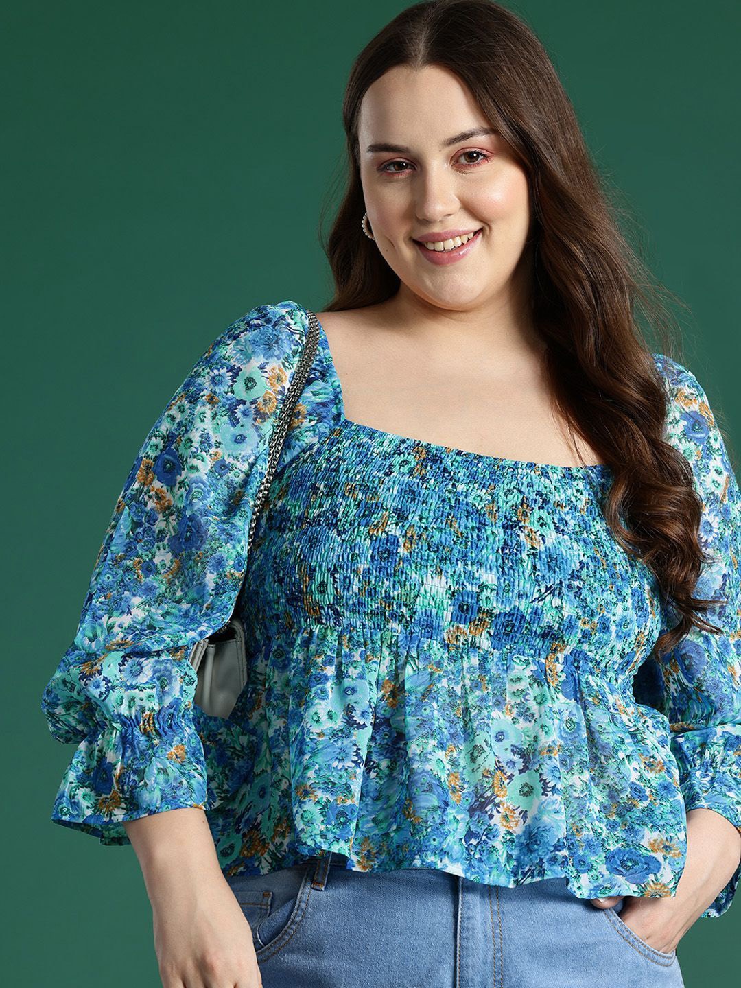 

DressBerry Floral Print Bell Sleeve Georgette Peplum Top, Blue