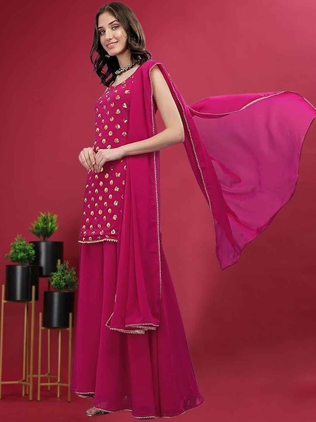 

PARROT CREATION Geometric Embroidered Sequinned Georgette Kurti with Sharara And Dupatta, Pink