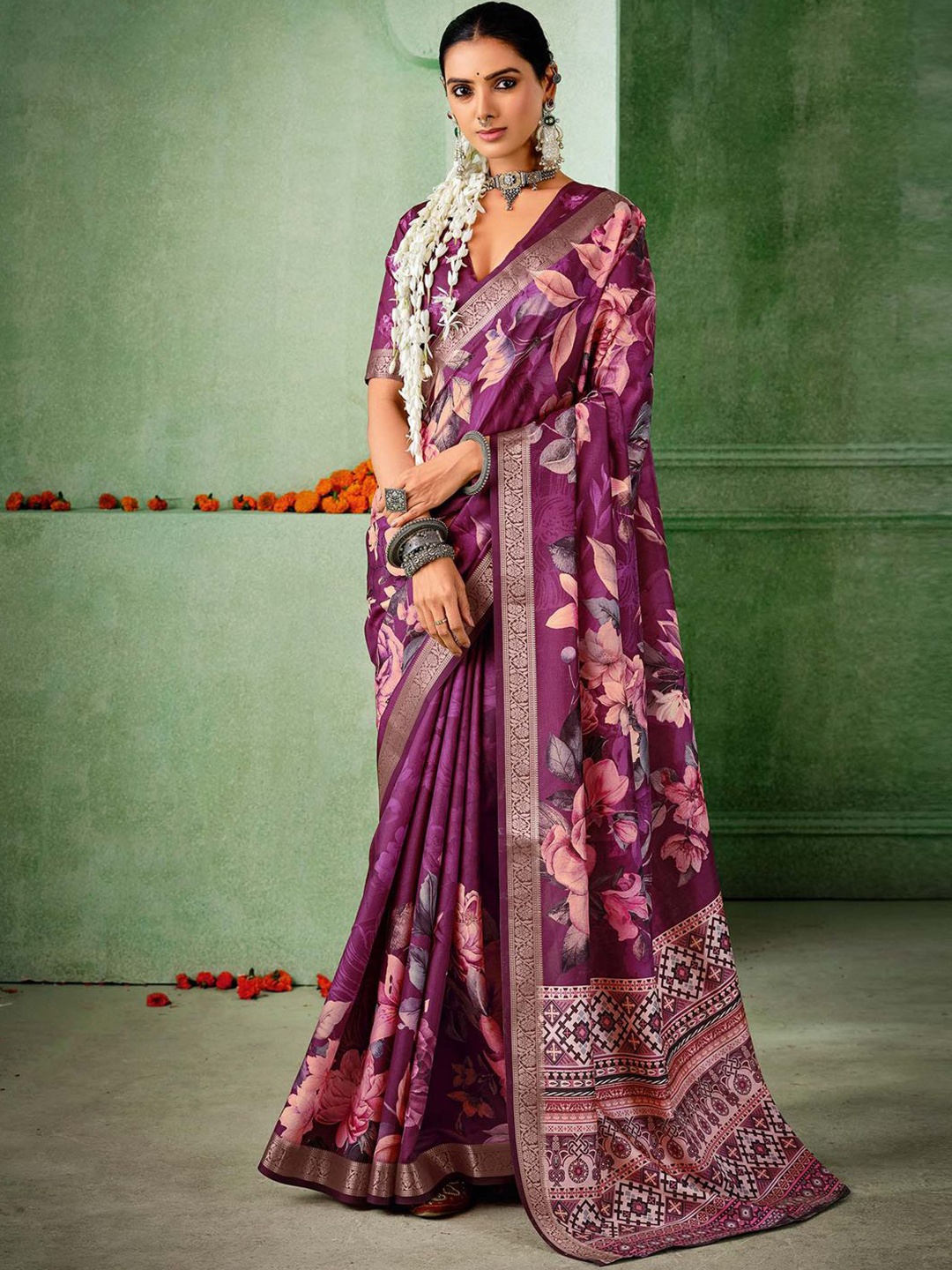 

Mitera Floral Printed Zari Tussar Saree, Purple
