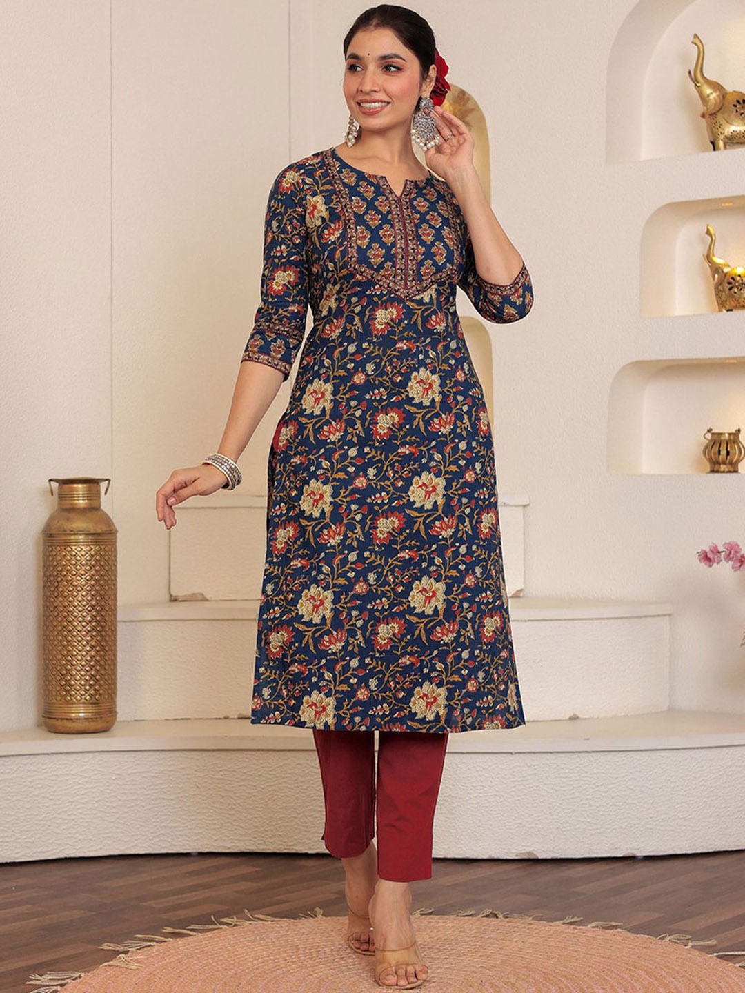 

GULAB CHAND TRENDS Floral Printed Cotton Straight Kurta, Navy blue