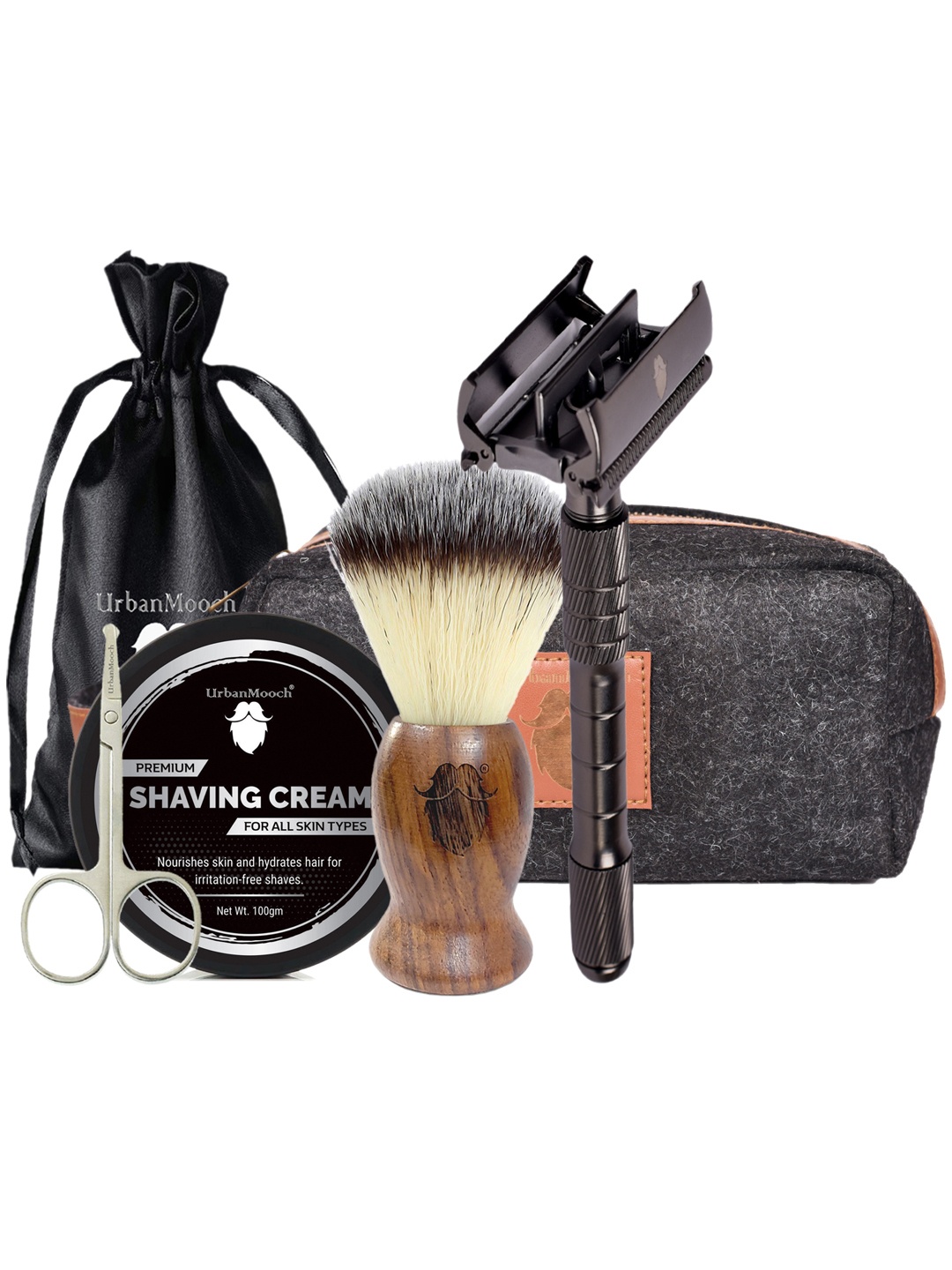 

UrbanMooch Set Of 5 Shaving Cream, Wooden Shaving Brush, Scissor, Razor & Toiletry Bag, Black