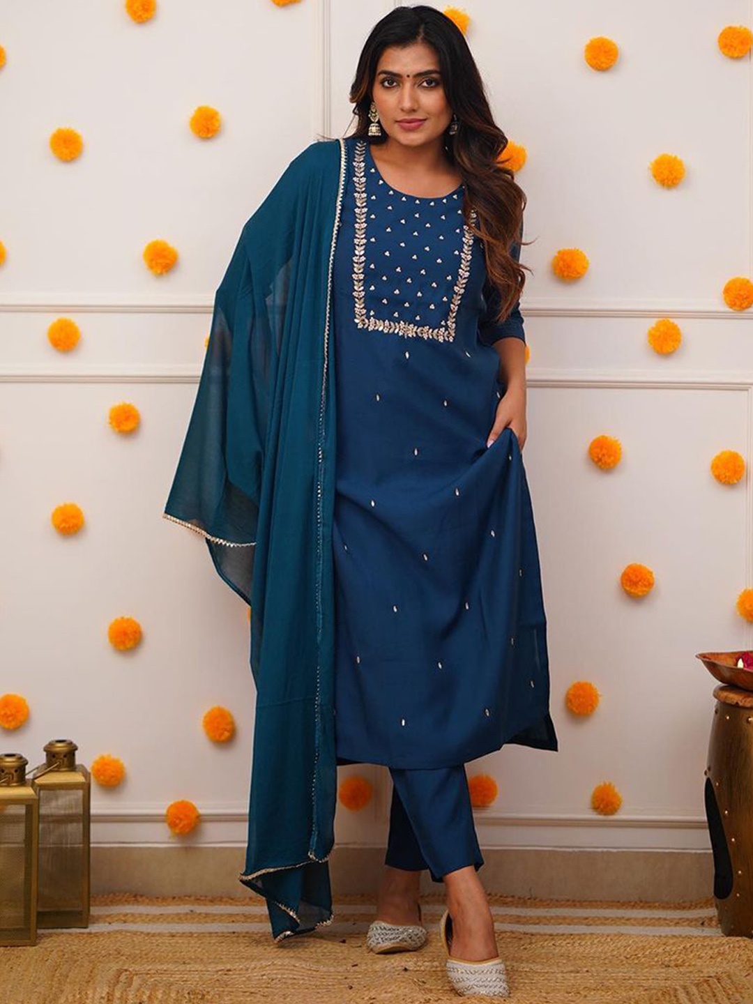 

KALINI Floral Embellished Round Neck Thread Work Kurta With Trousers & Dupatta, Blue