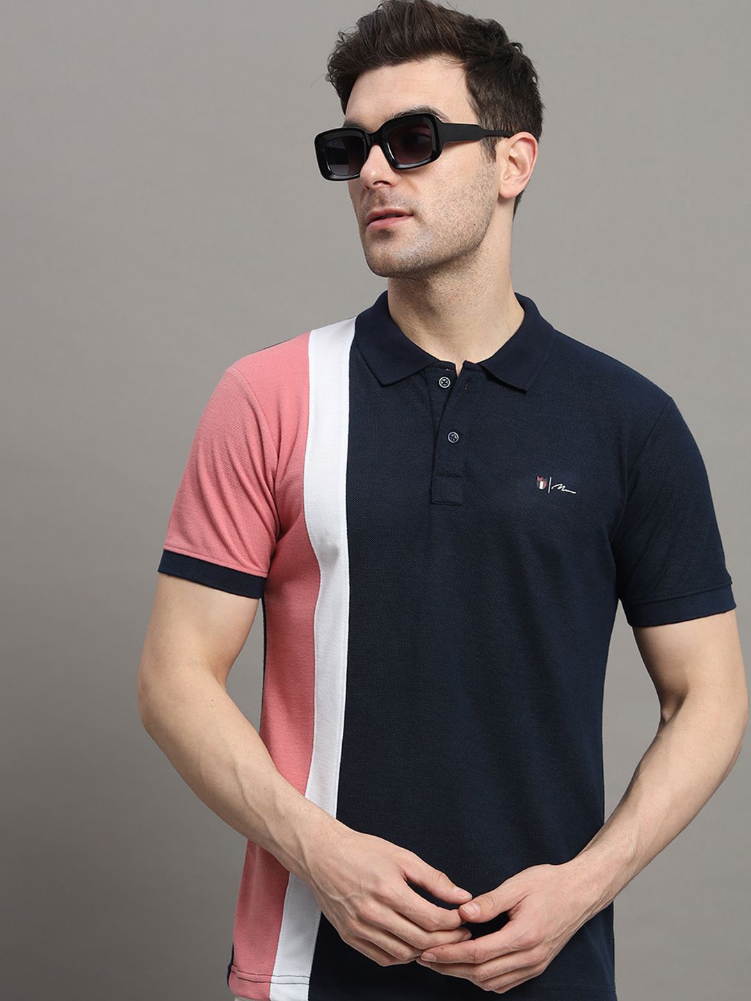 

NYKER Men Colourblocked Polo Collar Cotton T-shirt, Navy blue