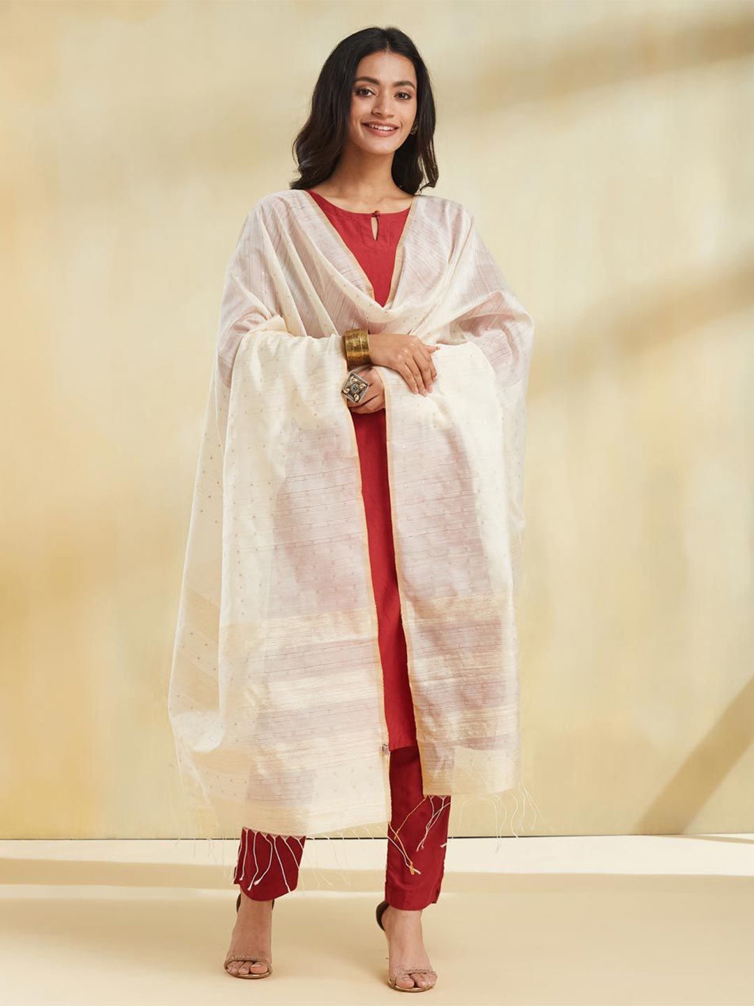 

Fabindia Woven Design Dupatta With Sequinned, Beige