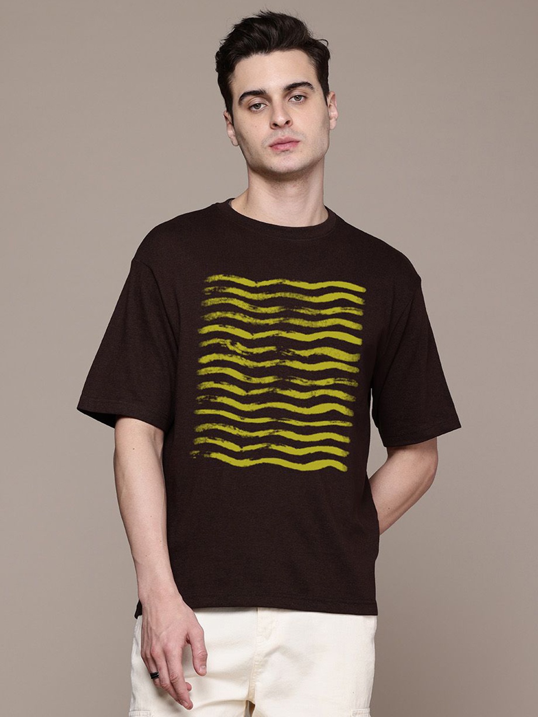 

Moda Rapido Men Striped Round Neck Cotton Relaxed Fit T-shirt, Coffee brown