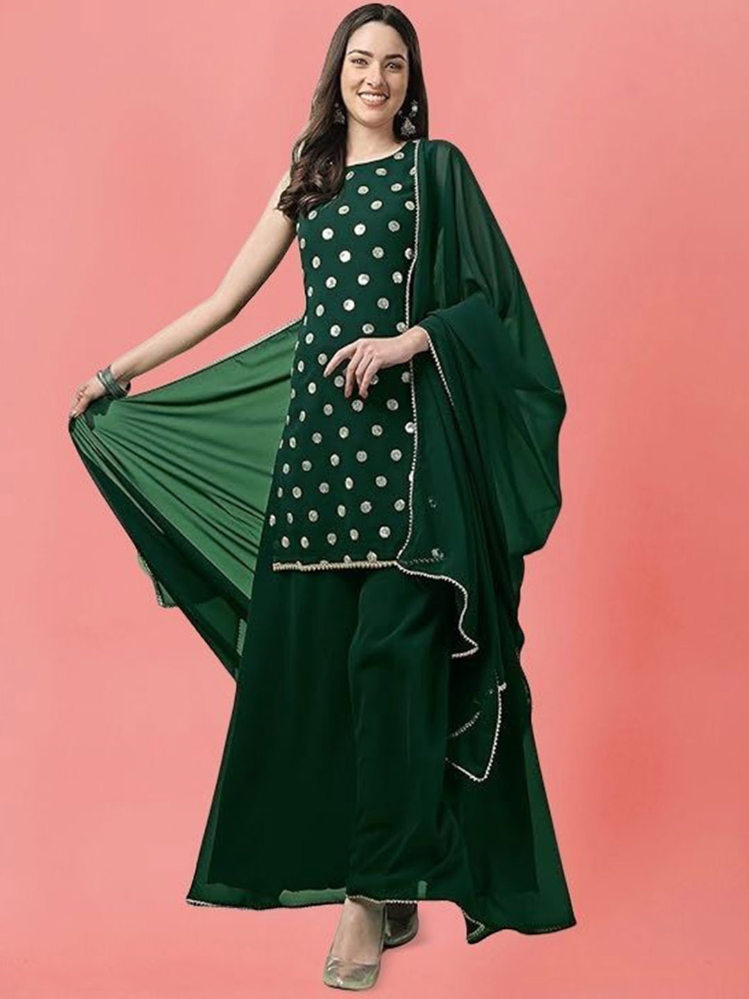 

PARROT CREATION Geometric Embroidered Georgette Straight Kurti With Sharara & Dupatta, Green