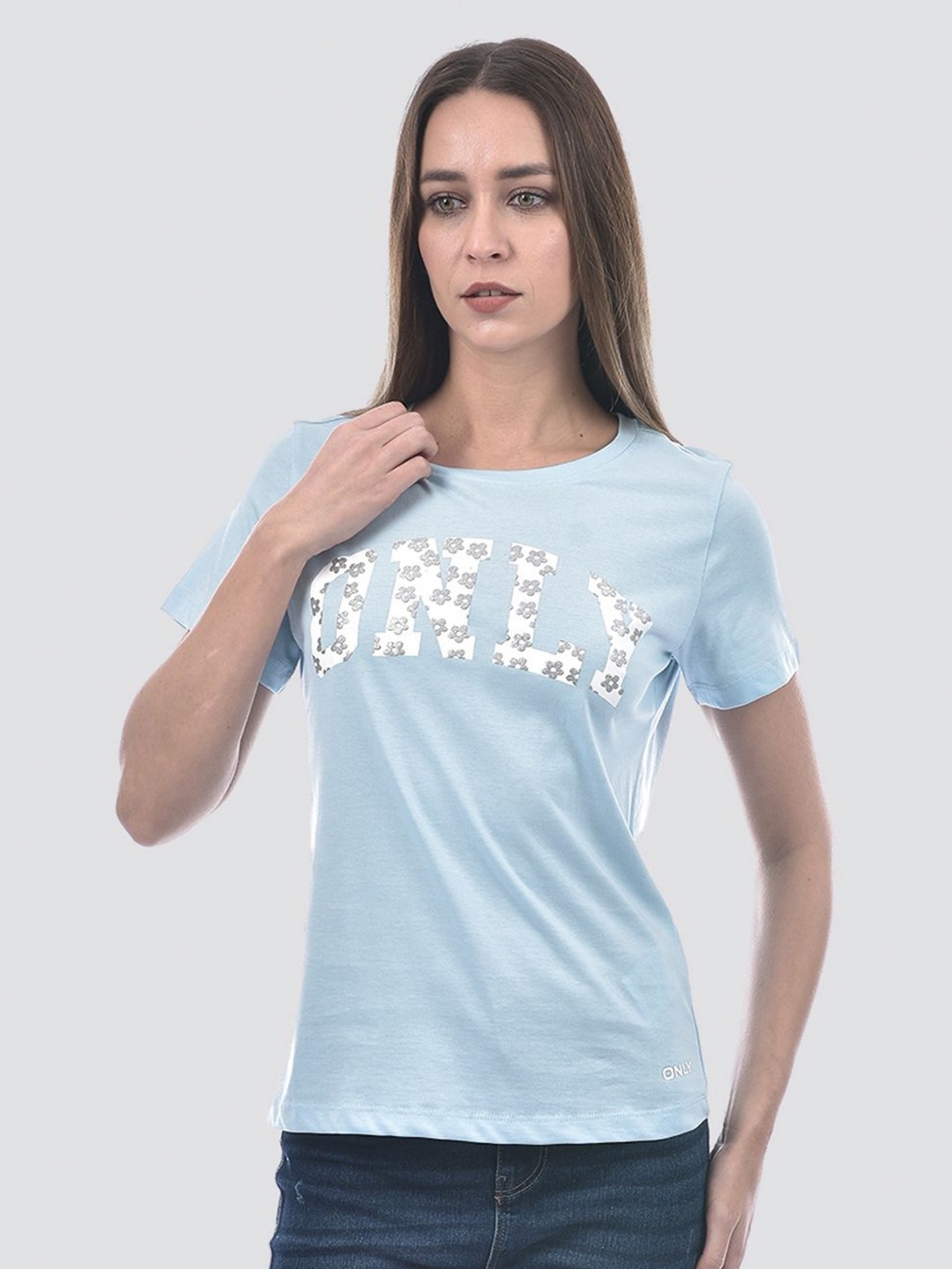 

ONLY Women Typography Printed Round Neck Cotton T-shirt, Turquoise blue