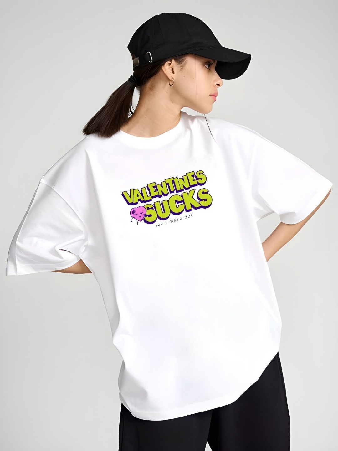 

DressBerry Women Typography Printed Round Neck Cotton Oversized T-shirt, White