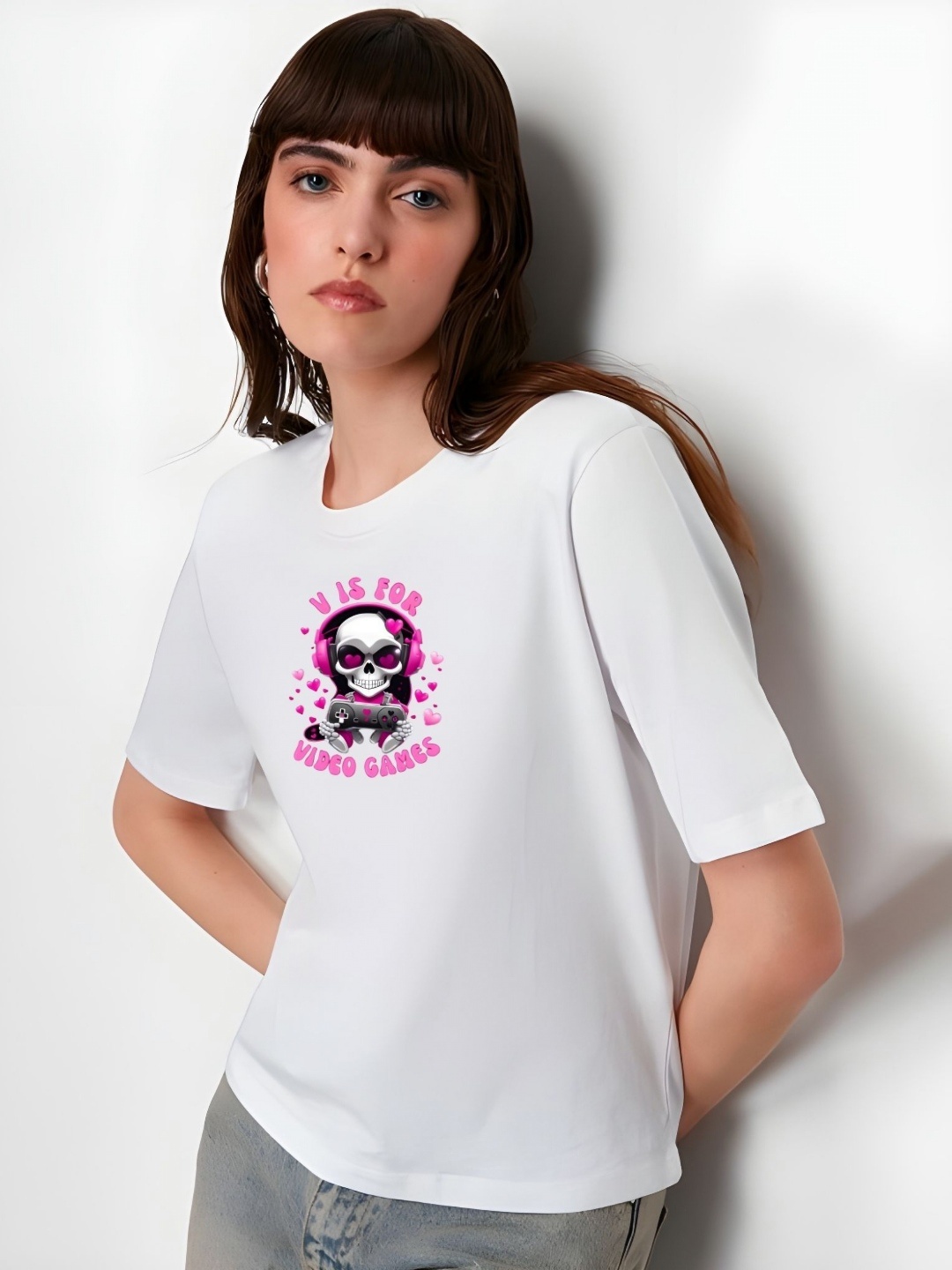 

DressBerry Women Graphic Printed Round Neck Cotton Boxy T-shirt, White