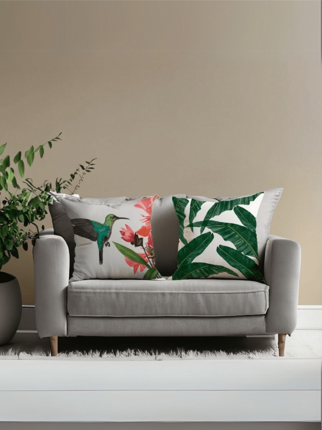 

LUSHLYF White & Pink 2 Pieces Floral Printed Velvet Square Cushion Covers