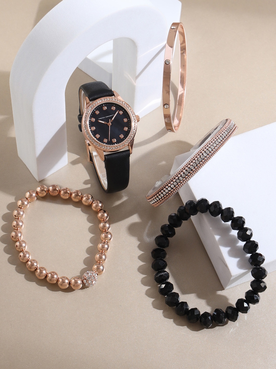 

French Connection Women Embellished Analogue Watch FCW15BBL Gift Set, Black