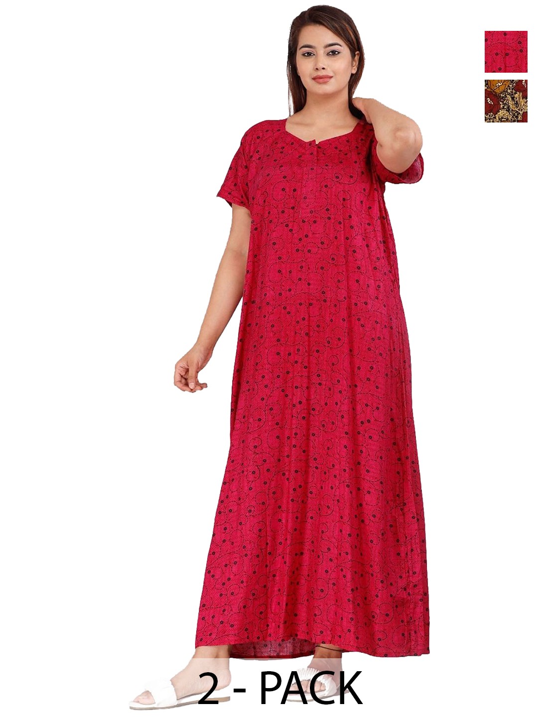 

PR PINK ROYAL Women Pack of 2 Pure Cotton Maxi Nightdress, Brown