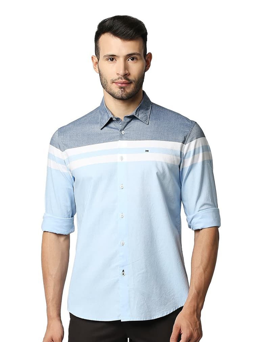 

Basics Men Relaxed Fit Spread Collar Horizontal Striped Cotton Casual Shirt, Blue