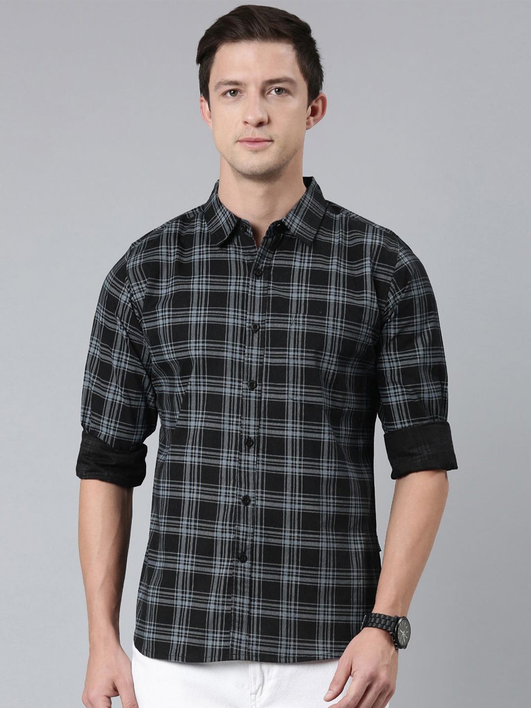 

Provogue Men Spread Collar Tartan Checked Cotton Casual Shirt, Black