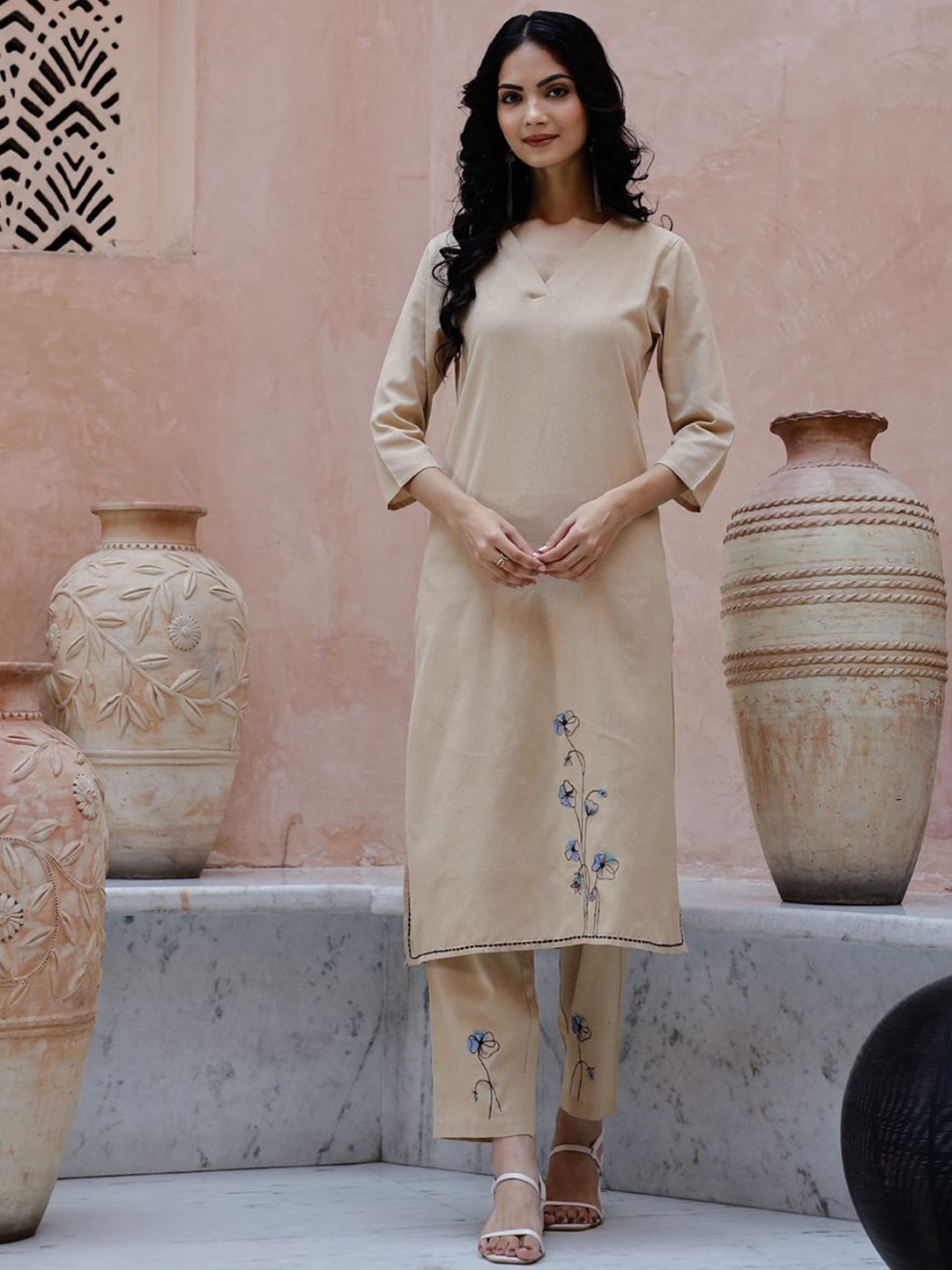 

Sangria Beige Floral Embroidered Cotton Blend V-Neck Straight Kurta With Trousers