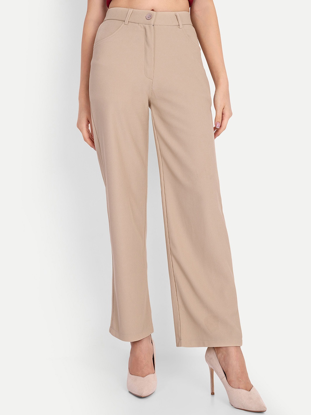 

FNOCKS Women Classic Loose Fit High-Rise Trousers, Beige