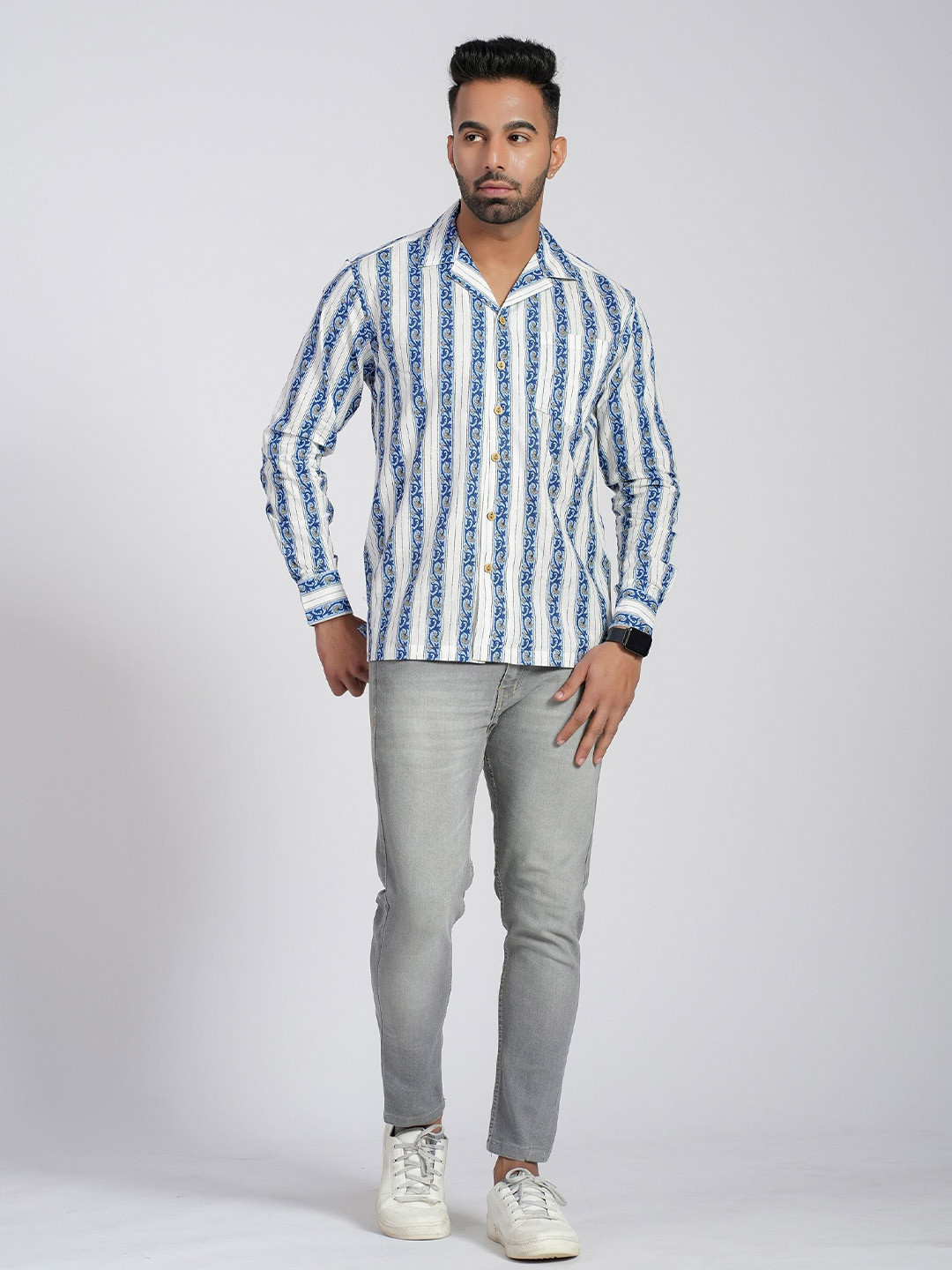 

Cotton Curio Men Comfort Fit Cuban Collar Floral Printed Cotton Casual Shirt, White