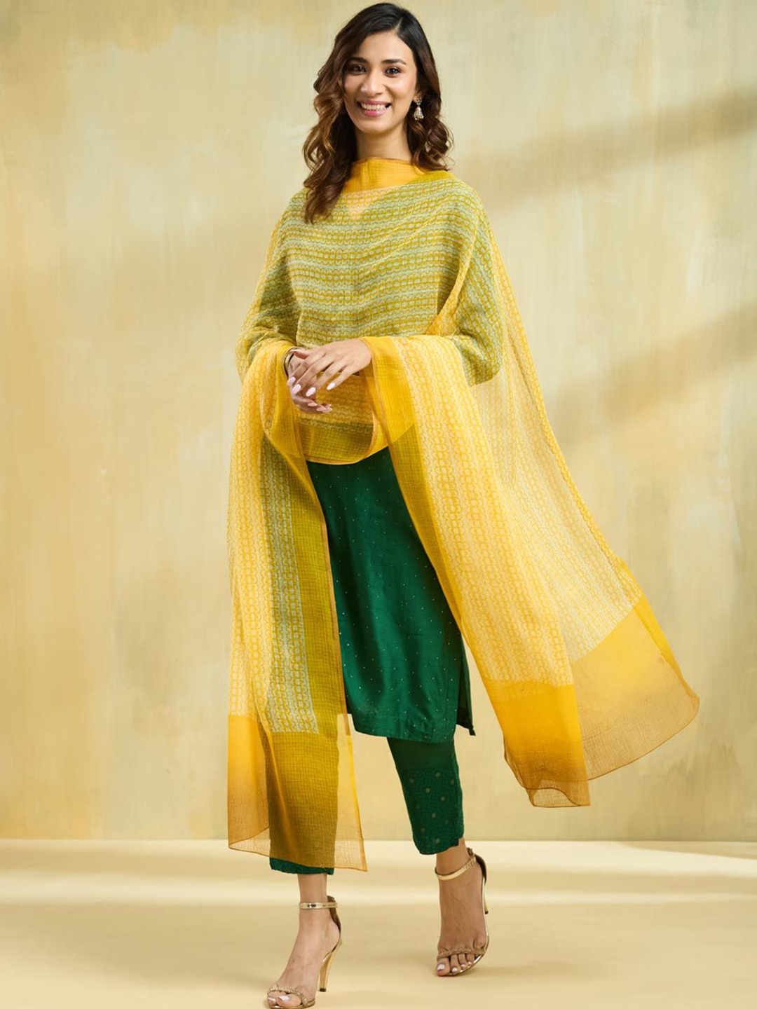 

Fabindia Geometric Printed Cotton Silk Block Printed Technique Dupatta, Yellow