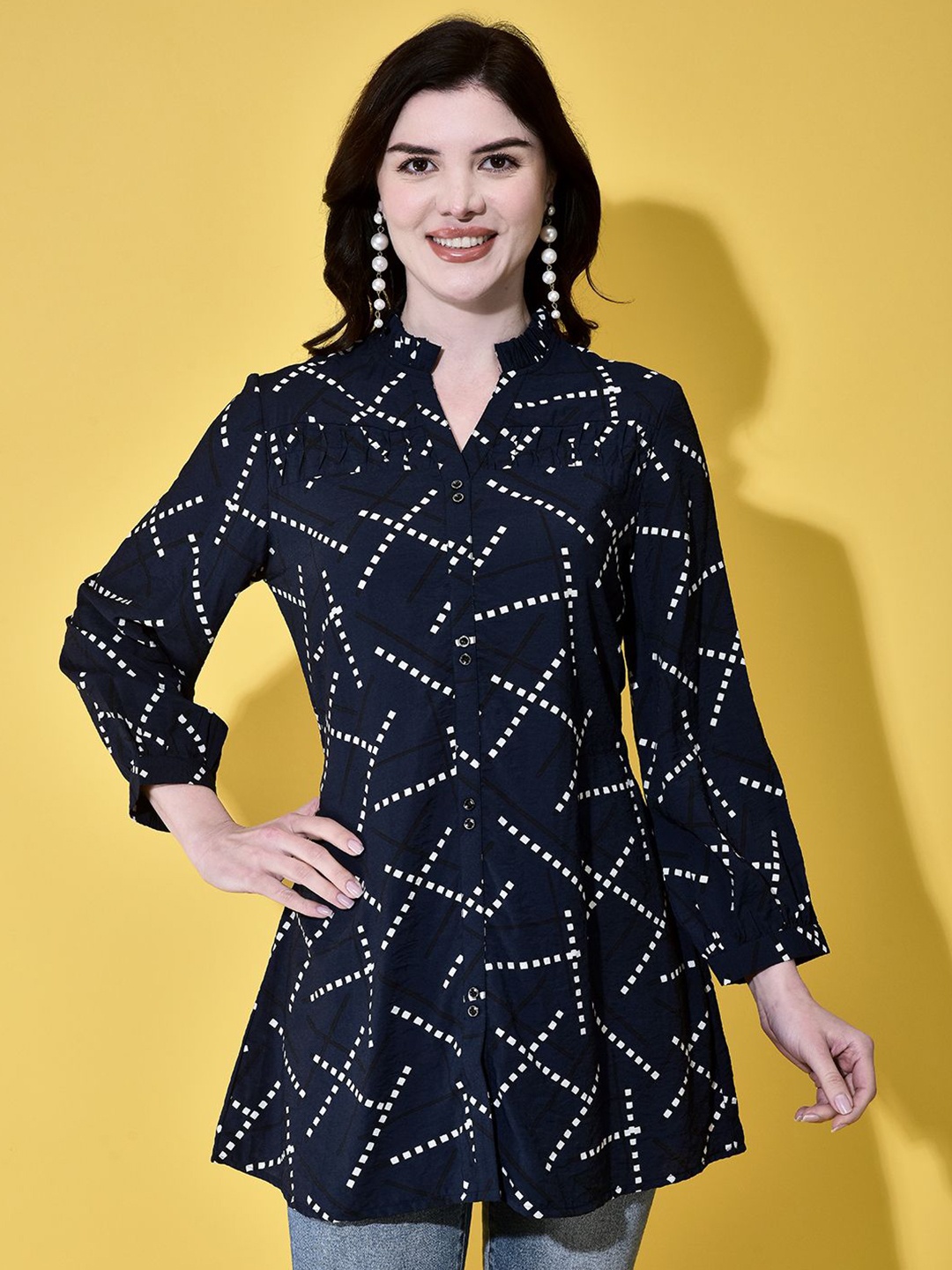 

FUTURO Women Geometric Printed Mandarin Collar Top, Navy blue