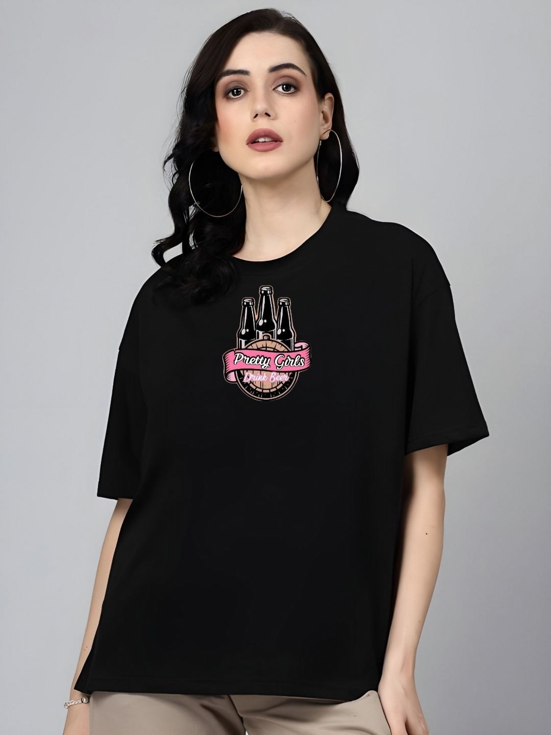 

DressBerry Women Graphic Printed Round Neck Cotton Oversized T-shirt, Black