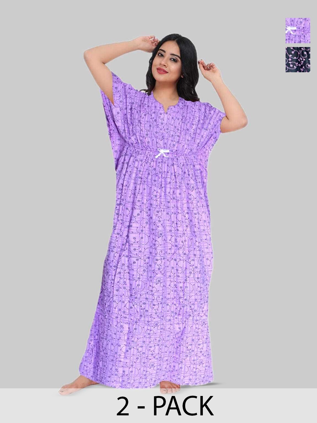 

PR PINK ROYAL Women Pack Of 2 Printed Maxi Kaftan Nightdress, Purple