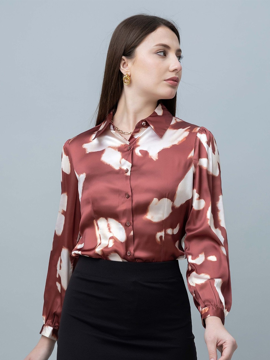 

PURYS Women Classic Fit Spread Collar Dyed Satin Casual Shirt, Brown