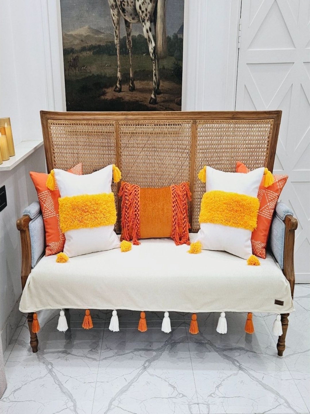 

THROWPILLOW Off White And Orange Self Design Anti Slip Thick And Sturdy Sofa Cover