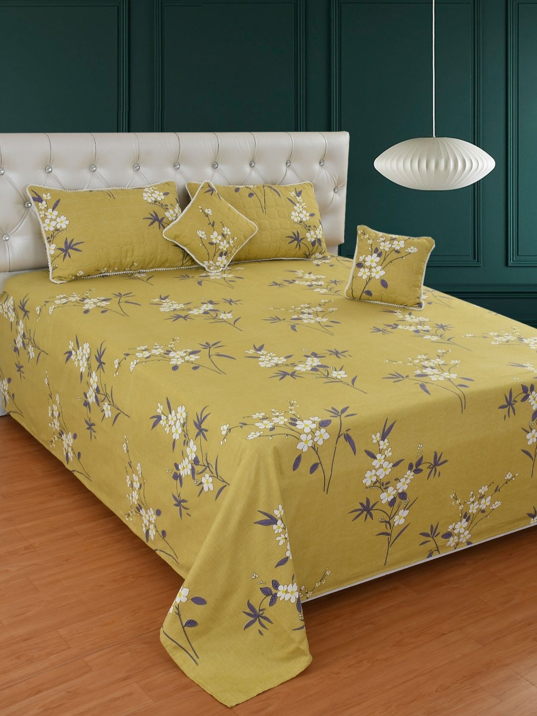 

MORADO Floral Printed 210 TC Double King Bedsheet With 2 Pillow Covers & 2 Filled Cushions, Mustard