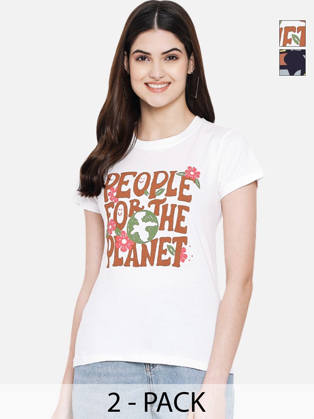 

Dreambe Women Pack Of 2 Graphic Printed Round Neck Cotton T-shirts, White