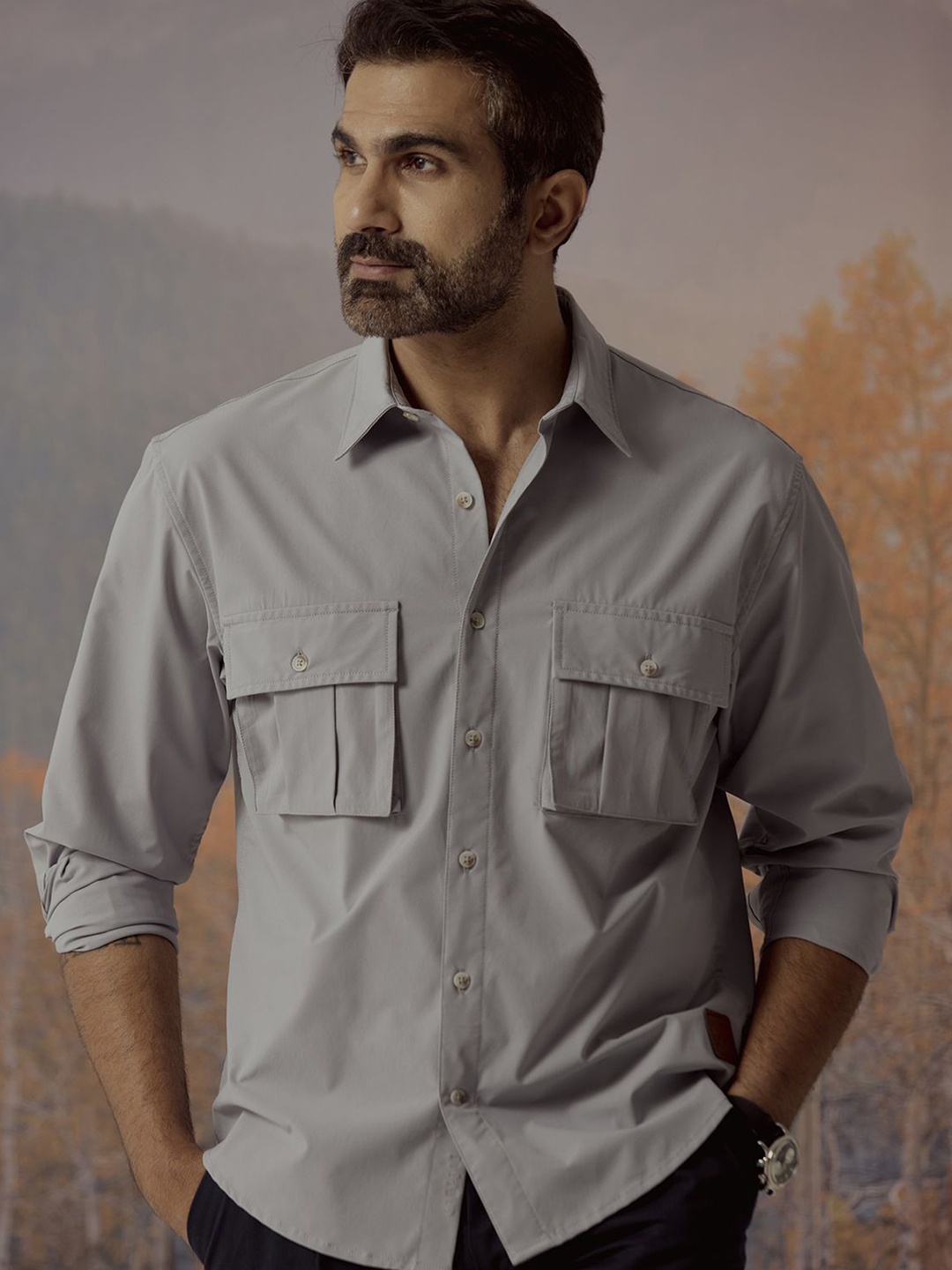 

Andamen Casual Men Double Pocket Woven Relaxed Fit Shirt, Grey