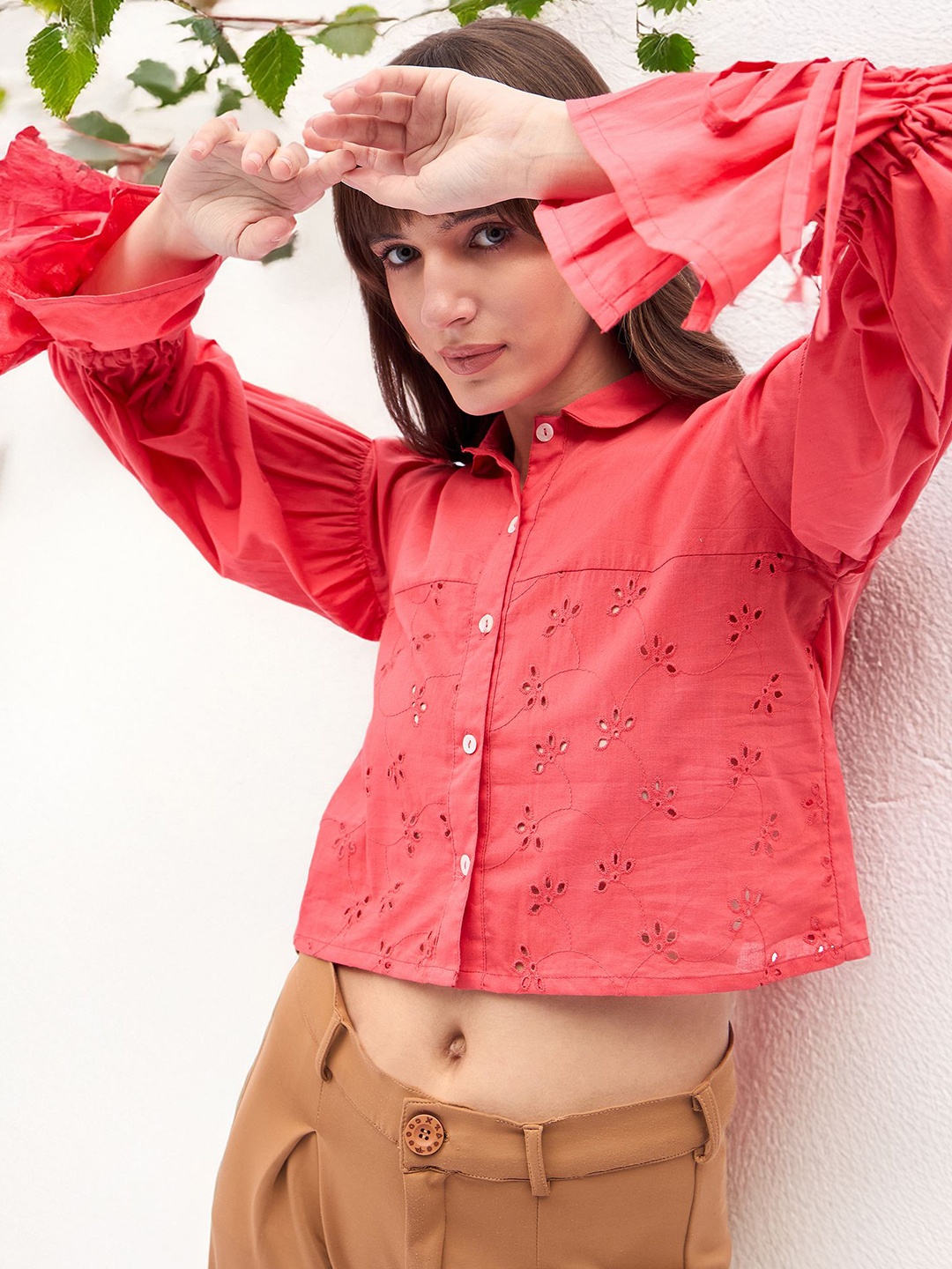 

DressBerry Bell Sleeves Cotton Schiffli Shirt Style Crop Top, Coral