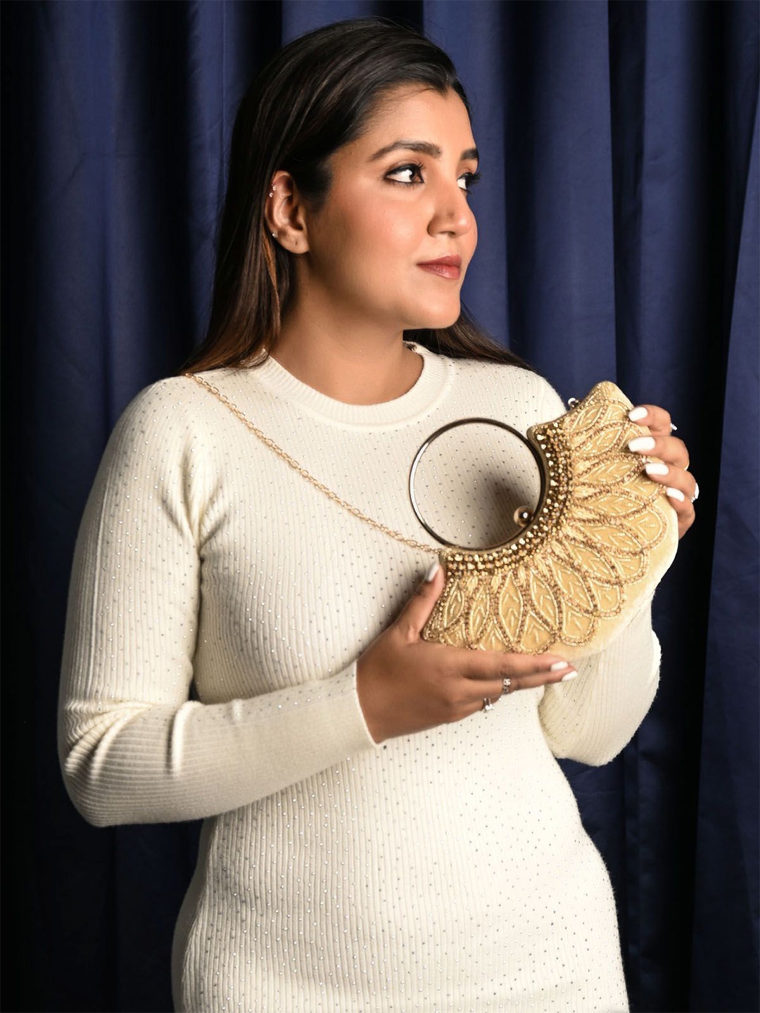 

ODETTE Embellished With Sequin Velvet Half Moon Clutch, Beige