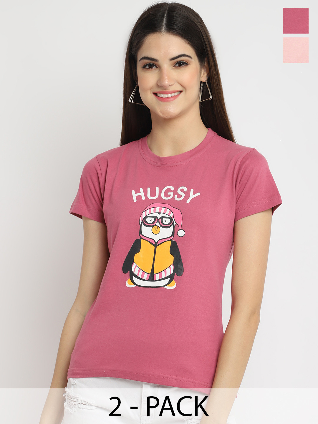 

Dreambe Women Pack Of 2 Graphic Printed Round Neck Cotton T-shirts, Peach